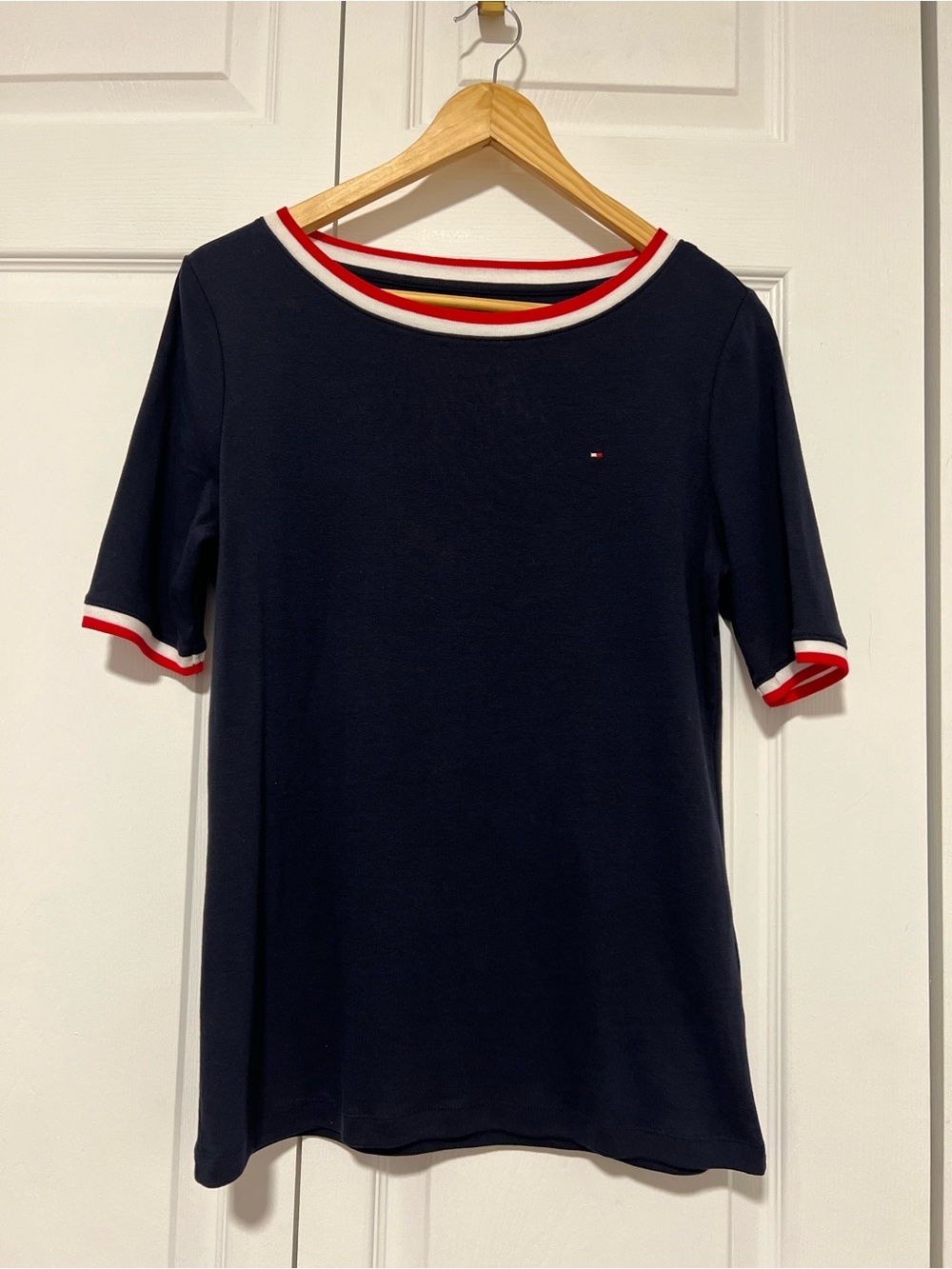 Tommy Hilfiger Navy Tee with Red & White Stripe Trim